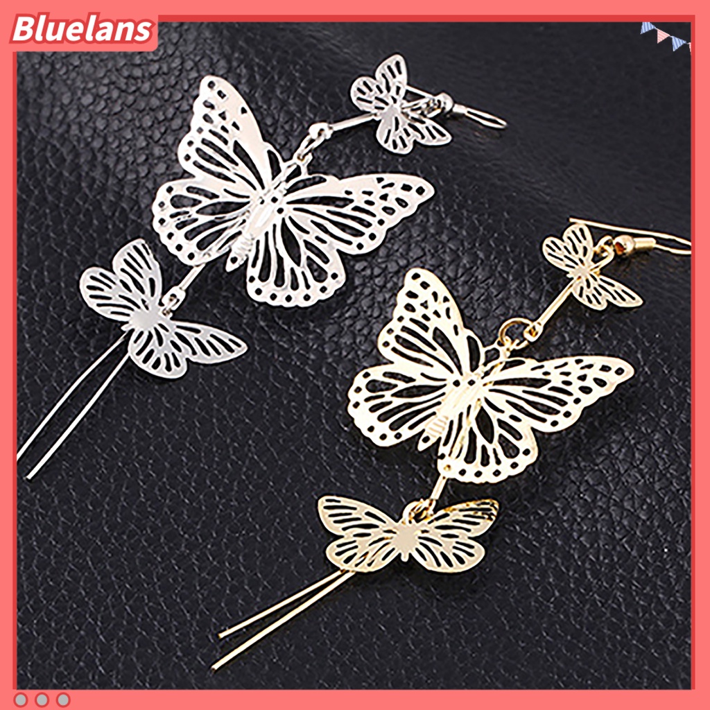 Bluelans 1 Pair Earrings Eye-Catching Butterfly Design Alloy Long Tassel Dangle Earrings