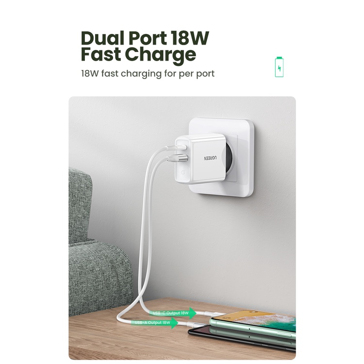 UGREEN Kepala Charger Dual Port USB PD QC 3.0 36w 38w Quick Charge Untuk iPhone Samsung Xiaomi Oppo