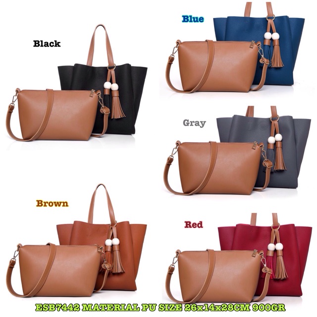 SALE  ESB7442 Tas Import Tote Bag 2in1 set Selempang Double Ball Rumbai Tas Wanita Tas Batam
