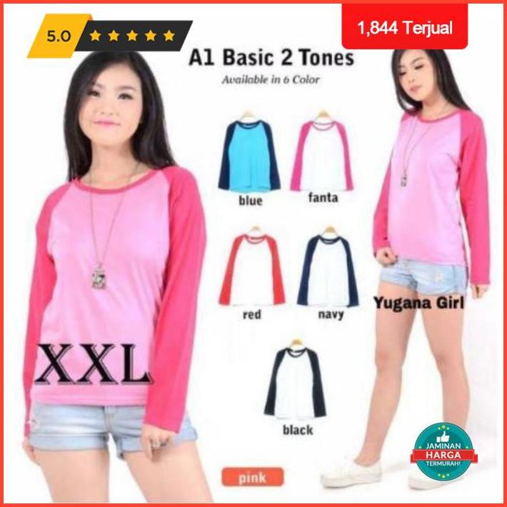 Baju Kaos Lengan Panjang Wanita Two Tone Raglan Jumbo Paling Murah
