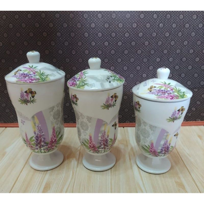 Toples Set isi 3 Permen Jar Fiorenza Motif Bunga Lavender LV-158 / wadah set