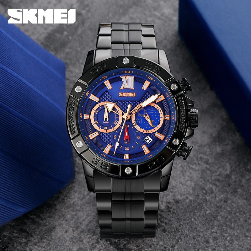 SKMEI 9235 Jam Tangan Pria Analog Chronograph Casual Quartz Tali Stainless WATCHKITE WKOS