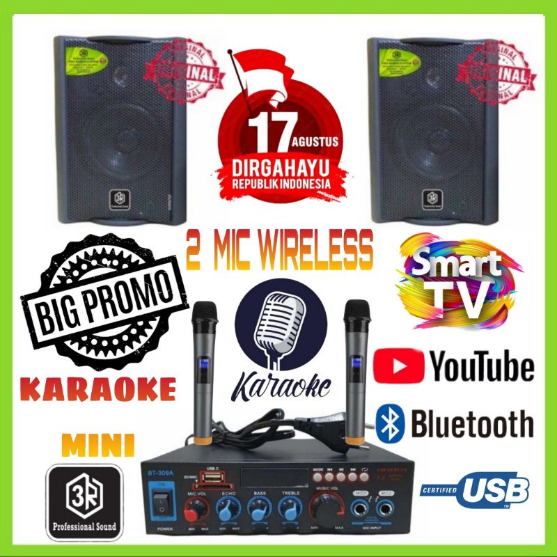 Karaoke Set Mini 3R 4 Inch , 2 Mic Wireless Amplifier Karaoke Youtube