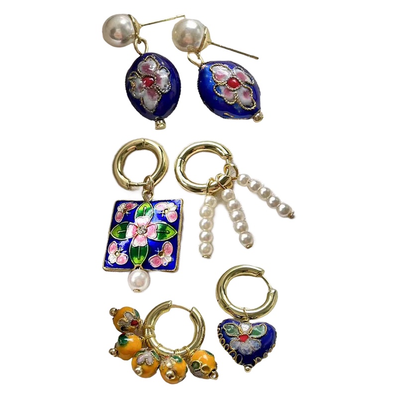 Anting Tusuk Gantung Statement Desain Bungamanikmanik Cloisonnemutiara Warna Warni Gaya Barok Untuk Wanita