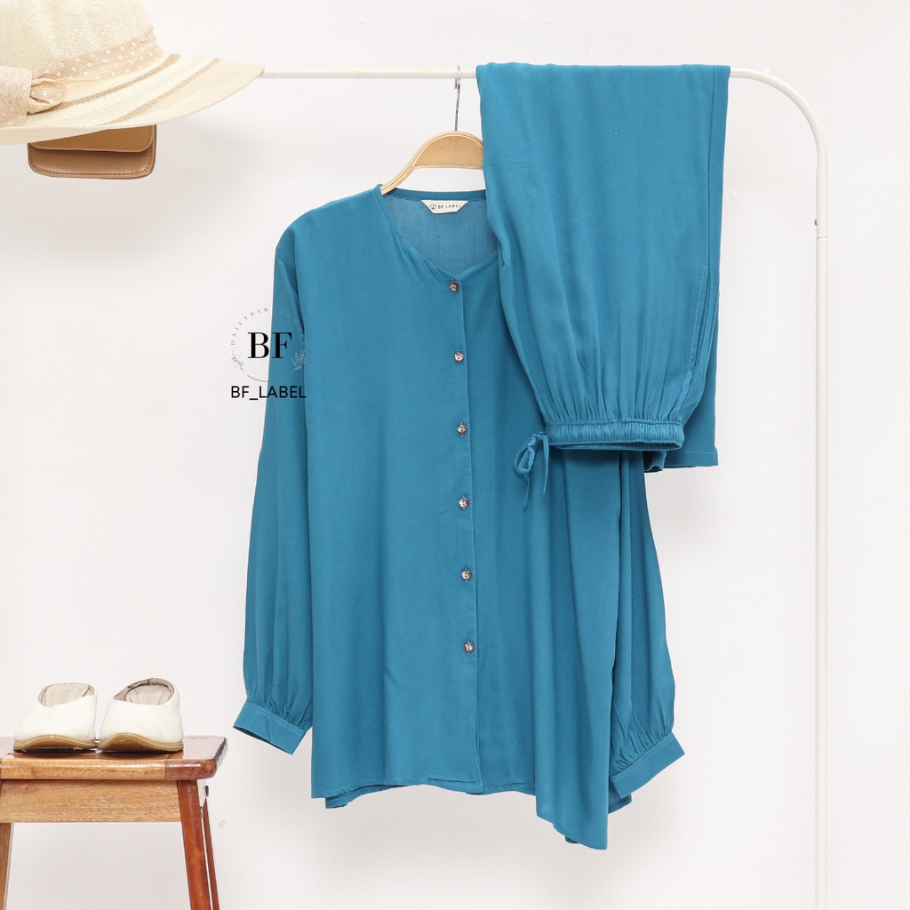 NARA SET | One set rayon polos basic celana panjang kemeja panjang sleepwear piyama by @bf_label BF Label-Royal Blue