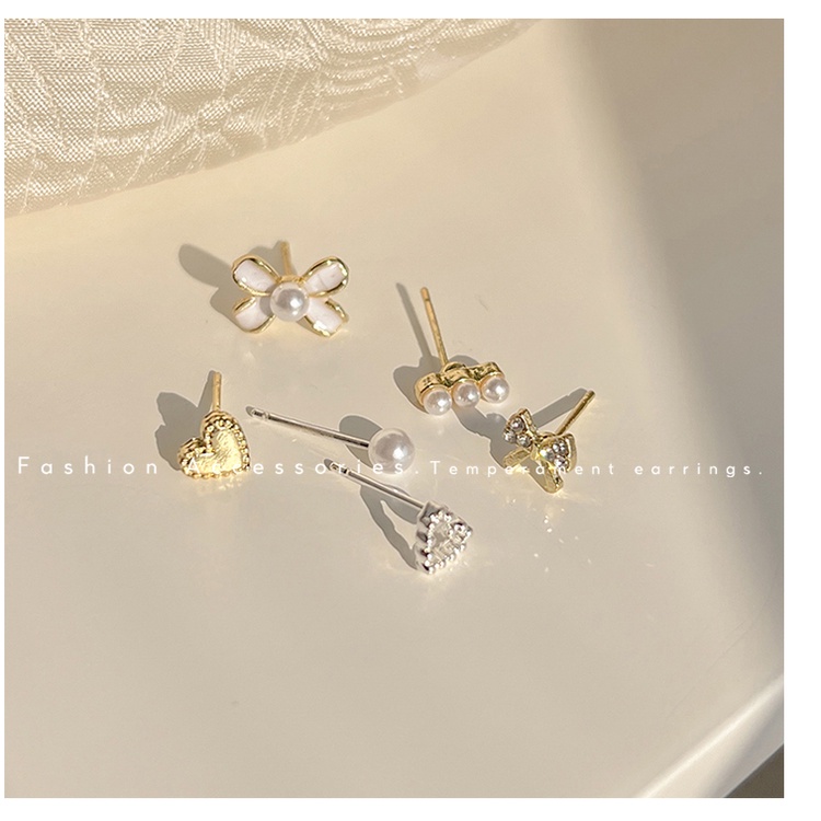 IFYOU 6pcs / set Anting Stud Mutiara Bentuk Hati Pita Elegan Untuk Wanita