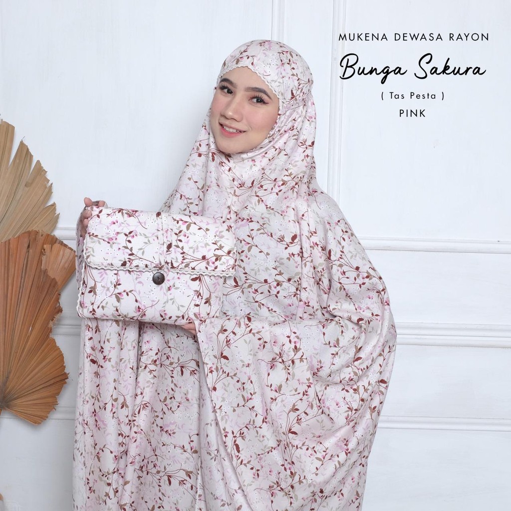 MUKENA BALI TASIK - MUKENA DEWASA RAYON BUNGA SAKURA TAS PESTA