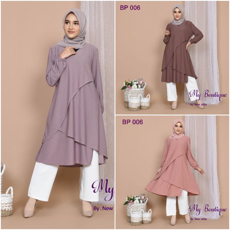 My Boutique Fashion Tunik BP006 Polos Salempang Stella Crepe Premium LD 110 Muat Sampai BB 70 kg Ade
