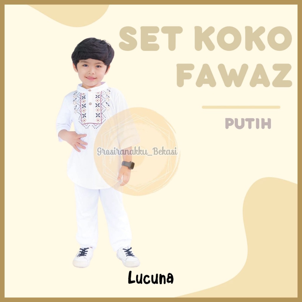 Setelan Koko Anak Fawaz Lucuna Warna Putih Size 1-5 Thn