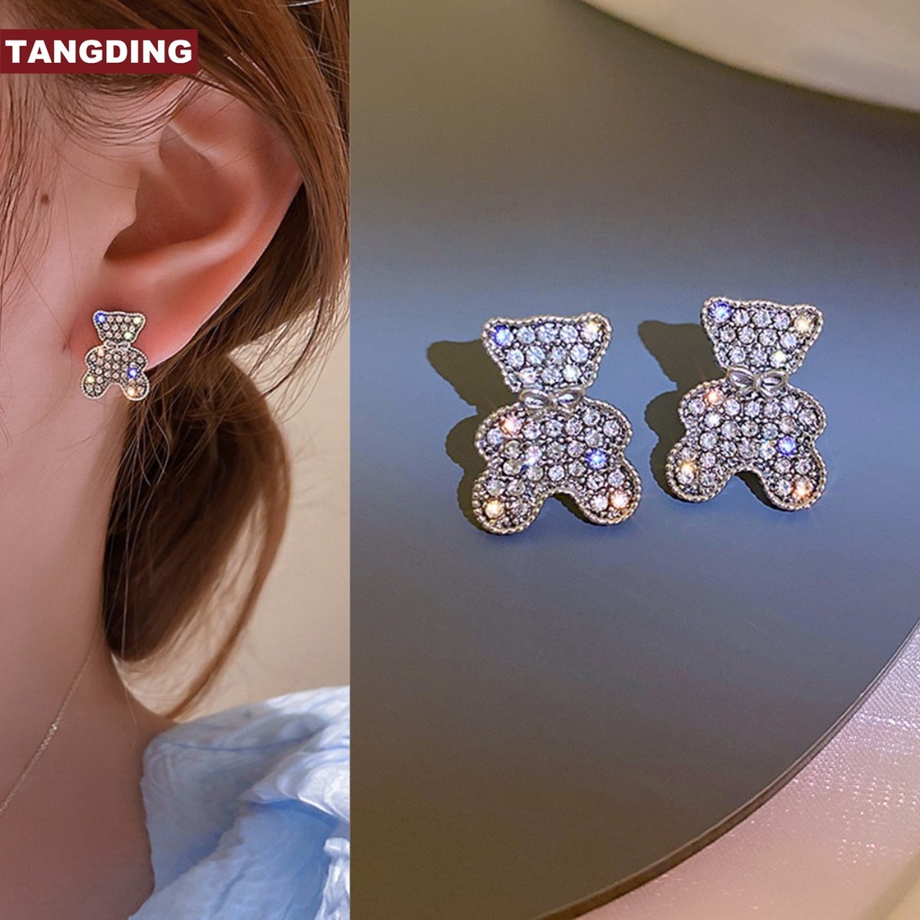 Anting Desain Beruang Full Drill Gaya Simple Untuk Aksesoris Perhiasan