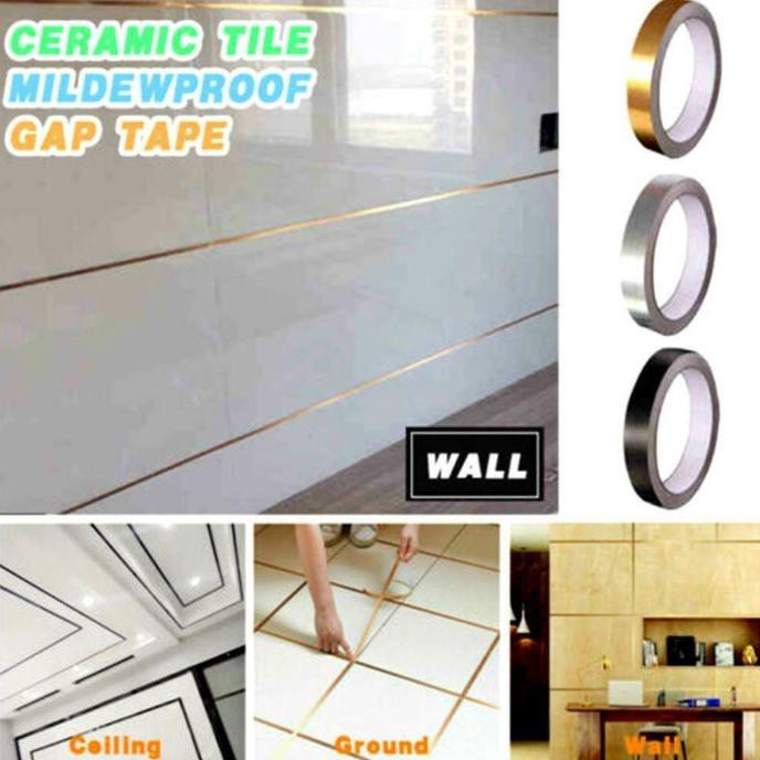 50m Sticker Nat Stiker Garis Keramik Lantai Ubin Gold Silver Mewah - Gold, 1cm