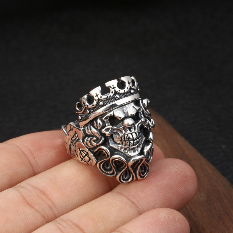 Cincin Desain Tengkorak Badut Mahkota Gaya Gothic Punk Untuk Pria