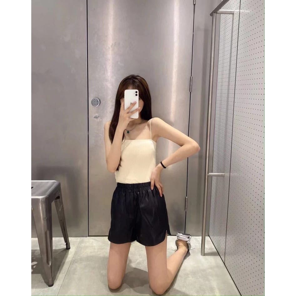 TF Tanktop Wanita Kemben Tali Kecil Singlet Rib Square Elastis Tanpa Kawat With Bra Cup Polos Korean