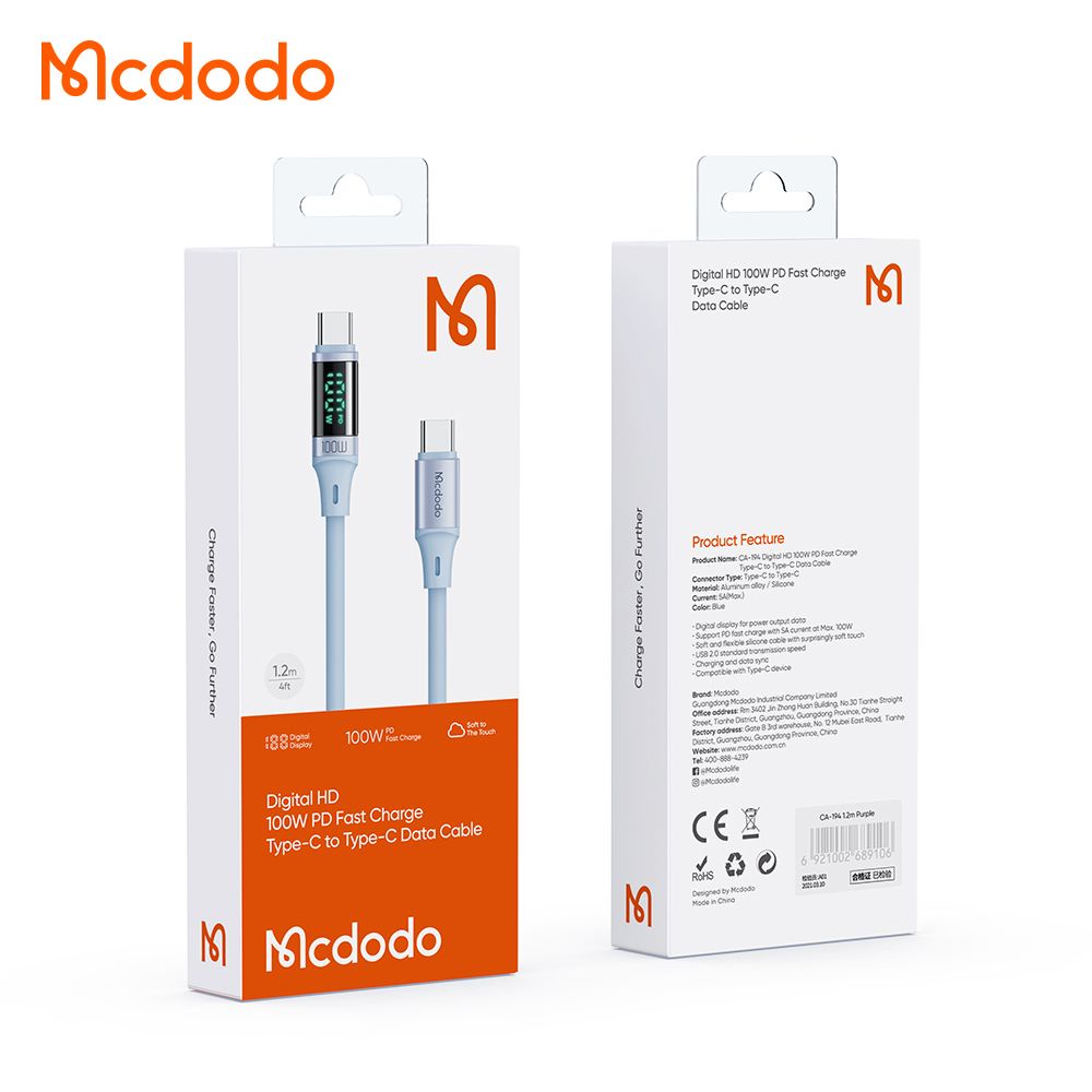 MCDODO Cable Silicone Type C to Type C 100W 1.2m Digital Display CA-1940 / CA-1941 / CA-1942 - Garansi Resmi 6 Bulan