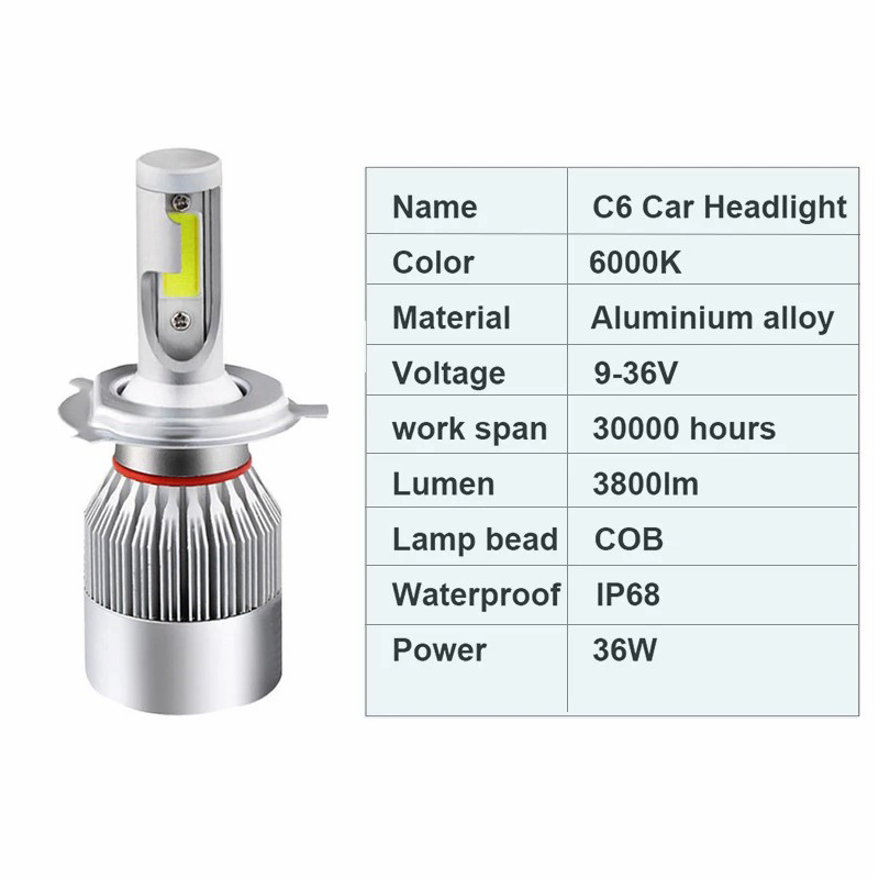 Lampu LED Mobil Headlight Lampu Utama Mobil Super Bright C6 H4 9003 H11 H8 H9 H16 36W 3800Lm 6000K Pure Light