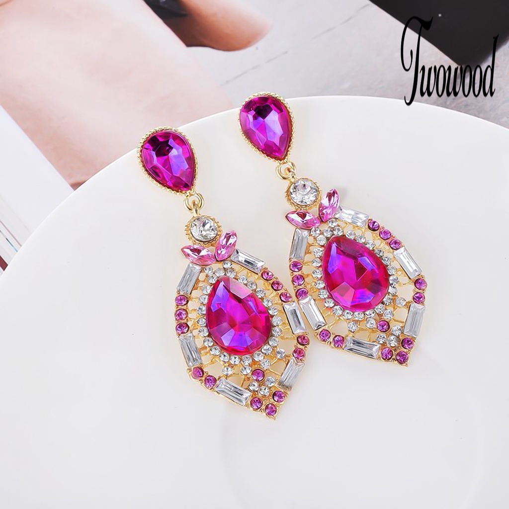 Anting Juntai Bentuk Teardrop Bahan Zinc Alloy Aksen Berlian Imitasi Untuk Wanita