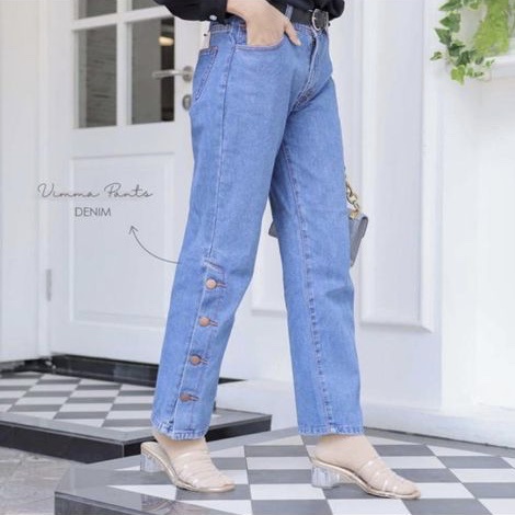 BEFAST - ZEC OOTD Wanita Celana Jeans ASUYRA / Boyfriend Kulot Kancing Rumbai Vivian / Jeans Wanita