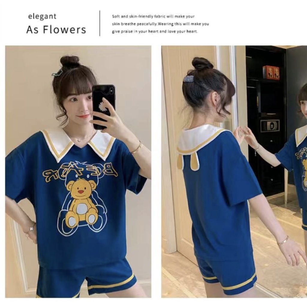 Baju tidur piyama lengan pendek celana pendek bahan kaos import