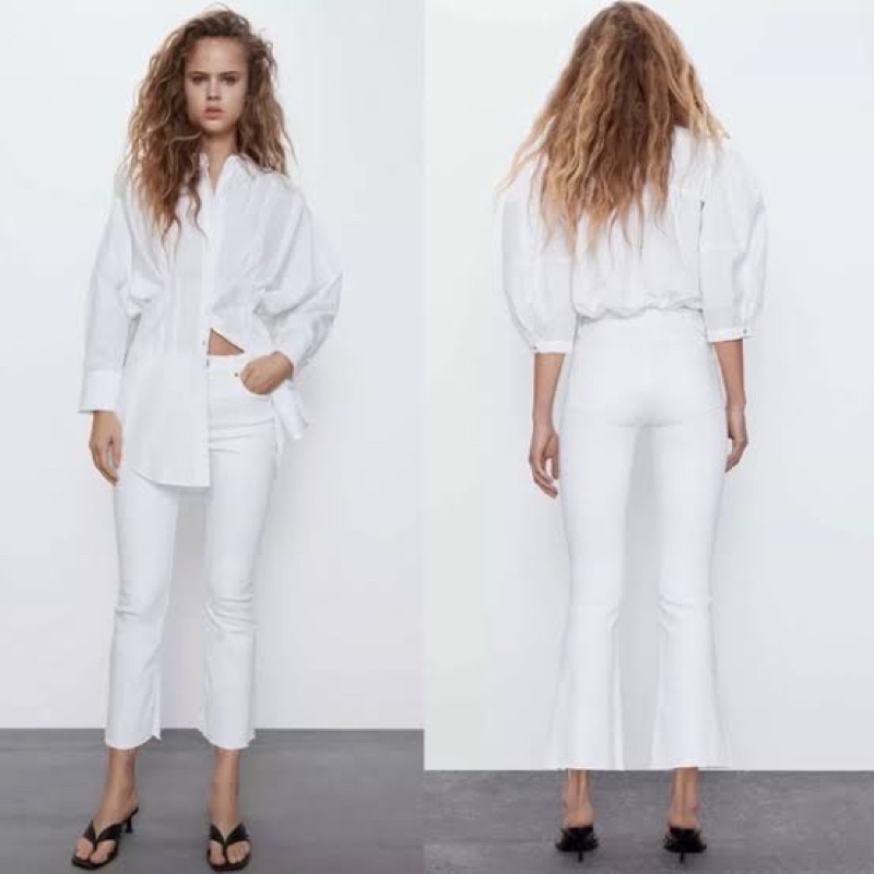 Zara White Cropped Mid Rise Flare Jeans