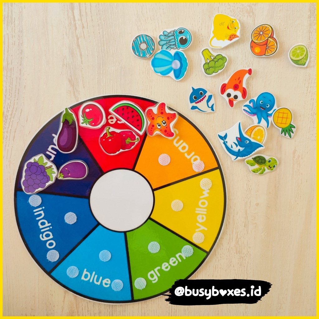 [busyboxes.id] Busy Page worksheet paud mencocokan warna / rainbow wheels dengan perekar