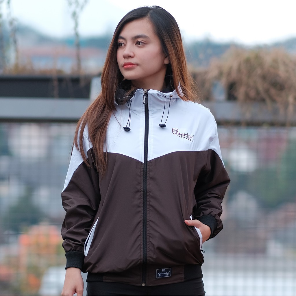 Jaket wanita Parasut / jaket casual-White-Darkbrown