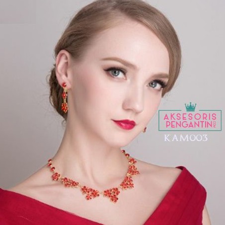 [READY STOCK] ANTING PENGANTIN AKSESORIS KALUNG NECKLACE WEDDING MERAH KAM003