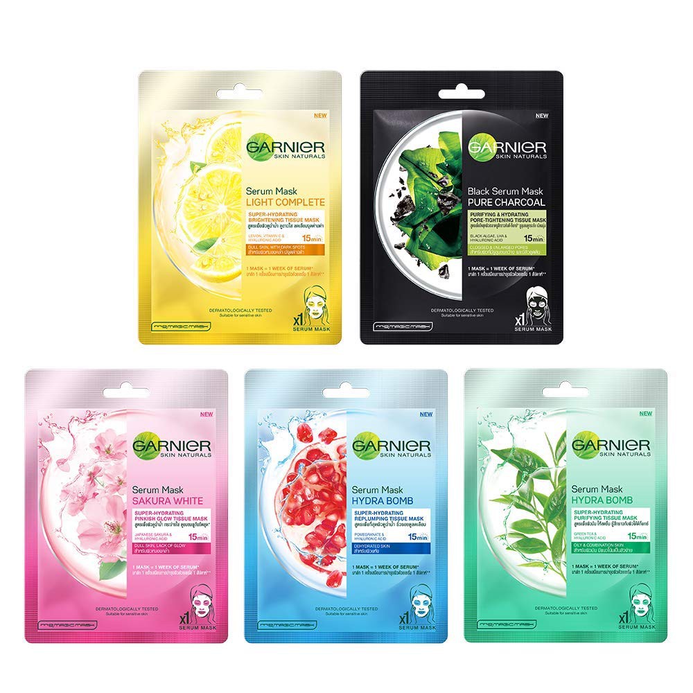 GARNIER Serum Sheet Mask MASKER WAJAH Lembaran all varian (Pink Kuning Hitam Hijau Biru Putih Ungu)