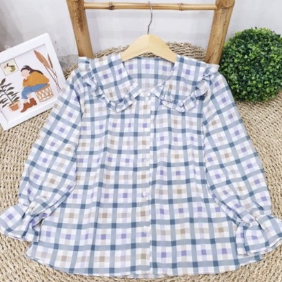 BLOUSE BALON MIZU TARTAN /Una Top KEMEJA REMPEL LORI SHIRT / BLOUSE TARTAN KOTAK OVERSIZE-MIZU NEW NAVY