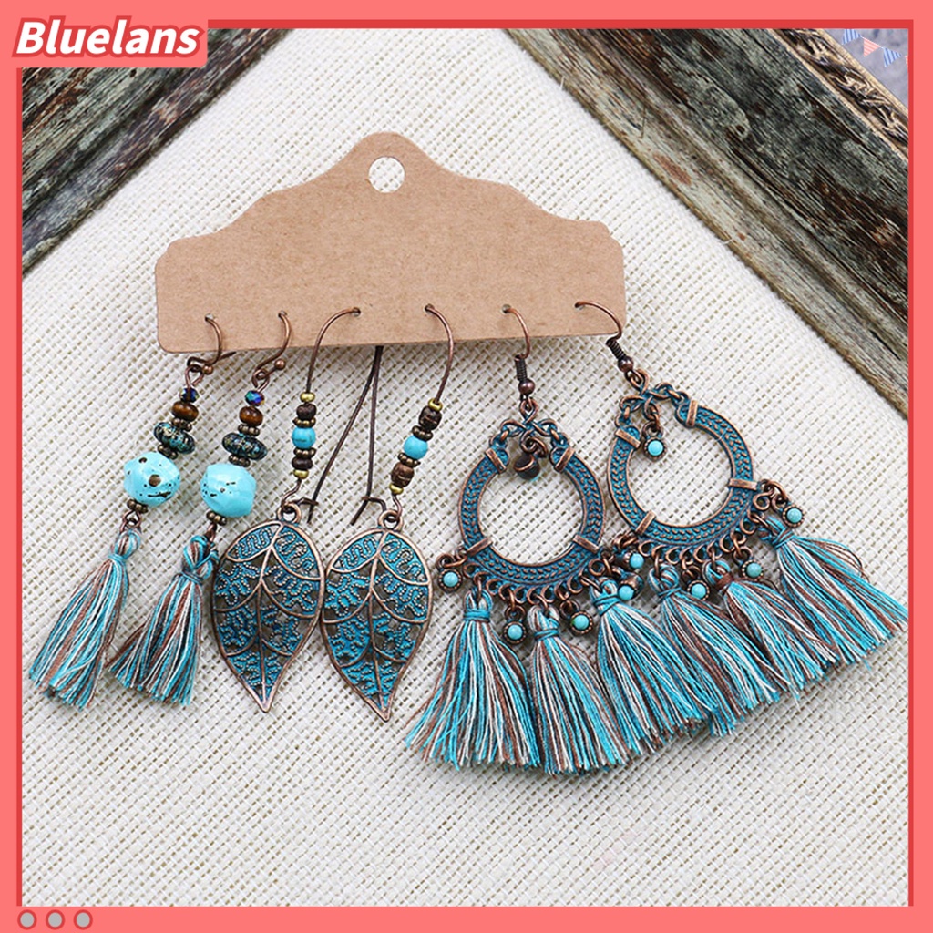 Bluelans 3 Pasang Anting Kait Gantung Wanita Desain Geometri Hias Rumbai Bahan Alloy Gaya Bohemian