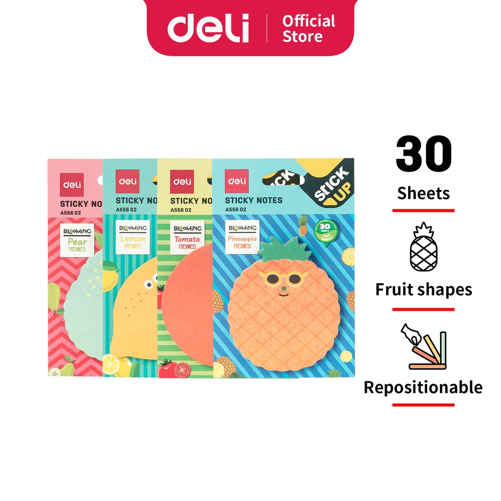 

Deli sticky note tema buah (warna campuran) 76 × 76mm 3 '' × 3 '' 30 halaman EA55X02