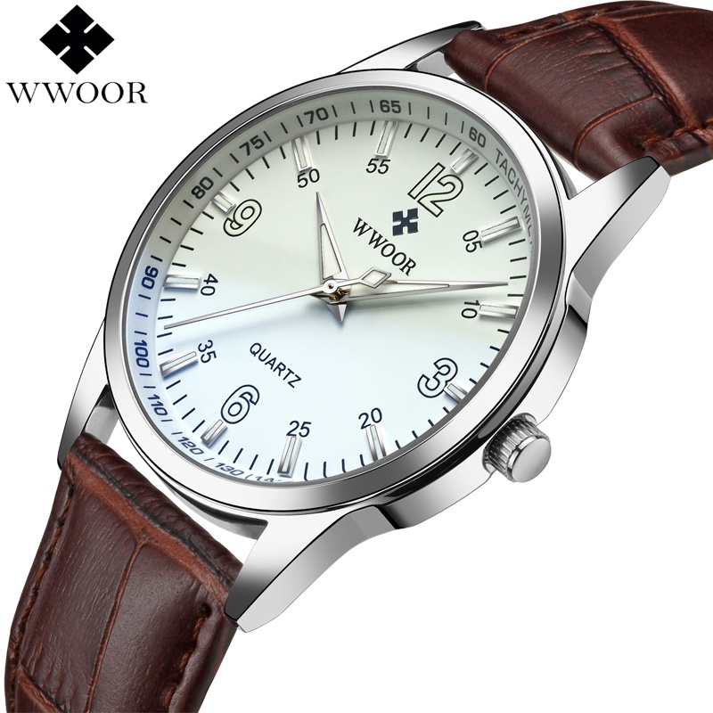 Jam Tangan Klasik Pria WWOOR 8861 Tali Kulit Coklat Putih