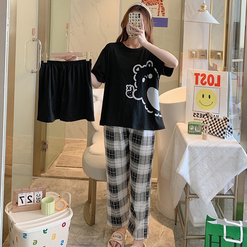 AJW Shop Piyama 3in1 | Piyama Import Dewasa | Setelan Wanita Kekinian | Baju Tidur Wanita Dewasa-HiBear Black