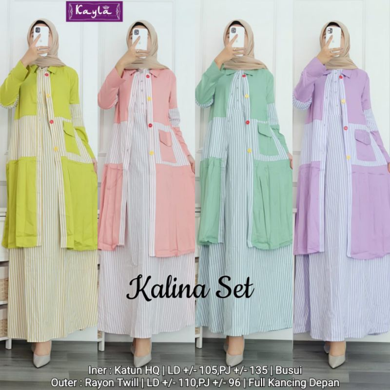 SET GAMIS KATUN MOTIF GARIS + OUTER KEMEJA RAYON OVERSIZE KALIMA SET BY KAYLA
