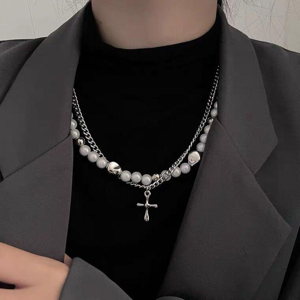 Mxbeauty Hip Hop Kalung Kreatif Sederhana Hadiah Baja Titanium Jahitan Lapisan Ganda Liontin Salib Reflektif Mutiara Rantai