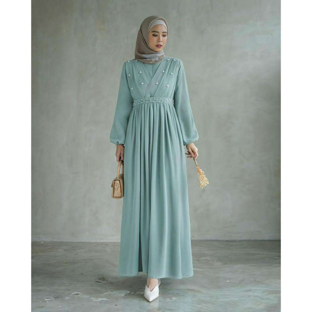 Demore Azhalea Dress Maxy Ceruty Babydoll Gamis Prewedding Aplikasi Mutiara Dress Kondangan Gamis Pesta Mutiara