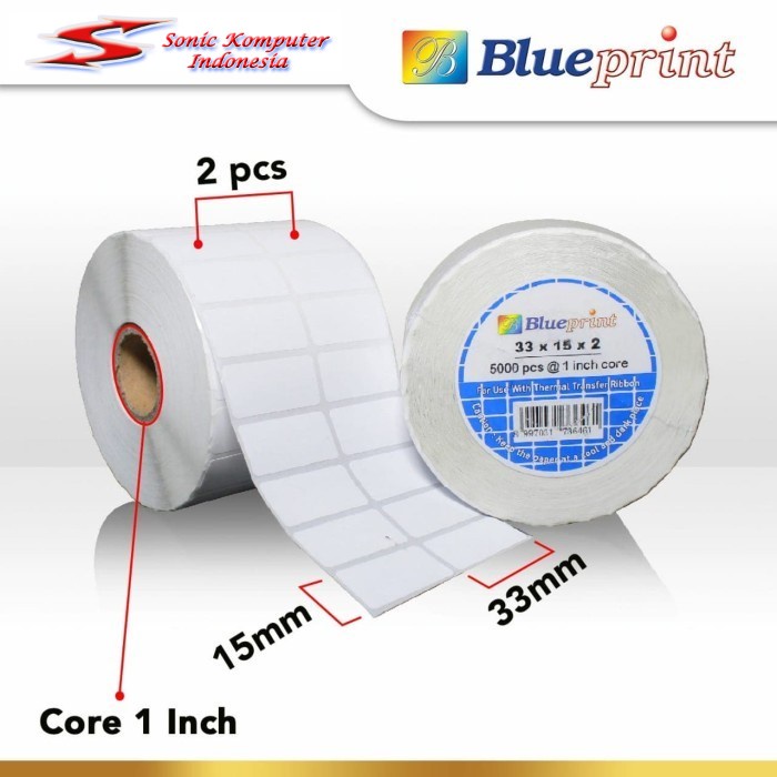 Sticker label Barcode 33x15mm 2 Line Semi Coated BLUEPRINT isi 5000Pcs Stiker Core 1&quot; Inch