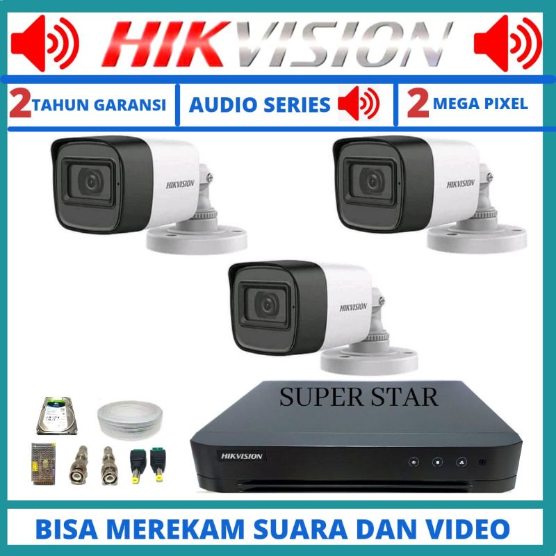 PAKET CCTV HIKVISION AUDIO 2MP 4 CHANNEL 3 KAMERA BISA MEREKAM SUARA TAHAN PANAS DAN HUJAN