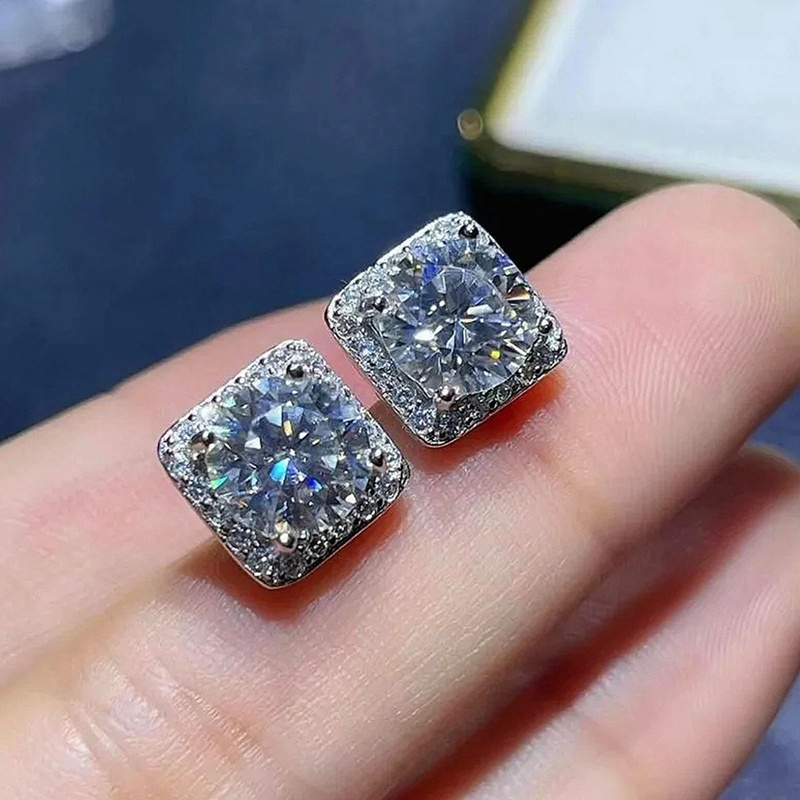 Anting Stud Bentuk Persegi Bahan Zirkon Warna Silver Untuk Wanita