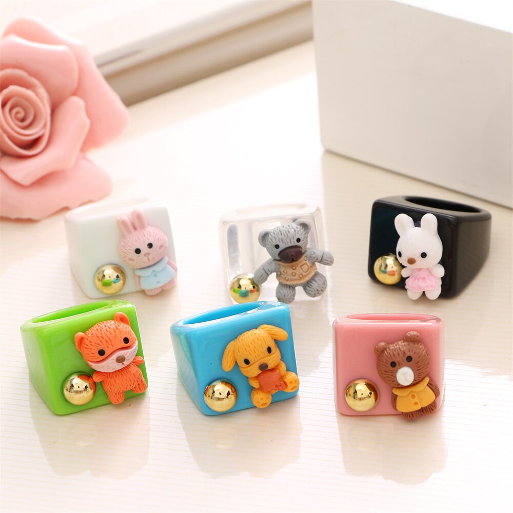 Fashion Colorful Cartoon Animal Acrylic Square Ring for Women Korean Resin Bear Dog Rabbit Wide Ring Trend Jewelry