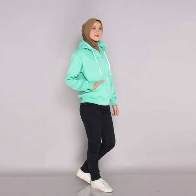 SWEATER_ID Hoodie Zipper Polos Hijau Tosca Jaket Pria Wanita Fleece Tebal Unisex