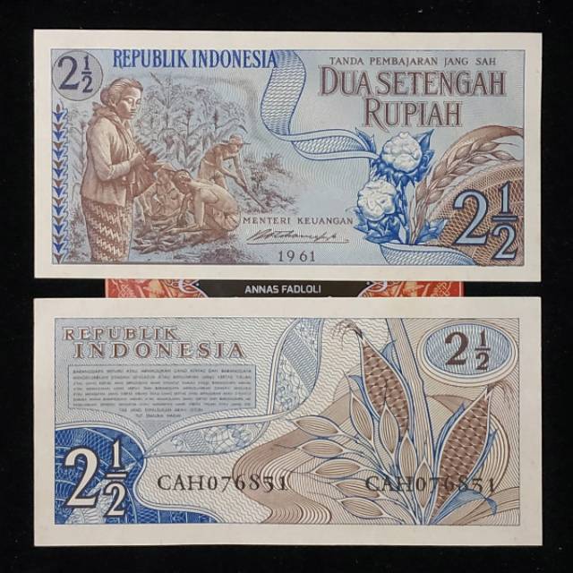 (GRESS/AU/UNC) Uang kuno 2 setengah rupiah sandang pangan tahun 1961 gambar jagung dan padi