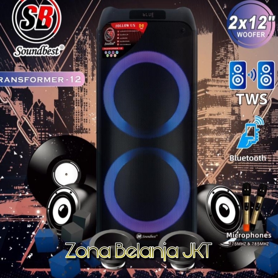 Speaker Portable Wireless Aktif 2 x 12 Inch SOUNDBEST Tranformer 12 Speaker Aktif Double 12 Inch