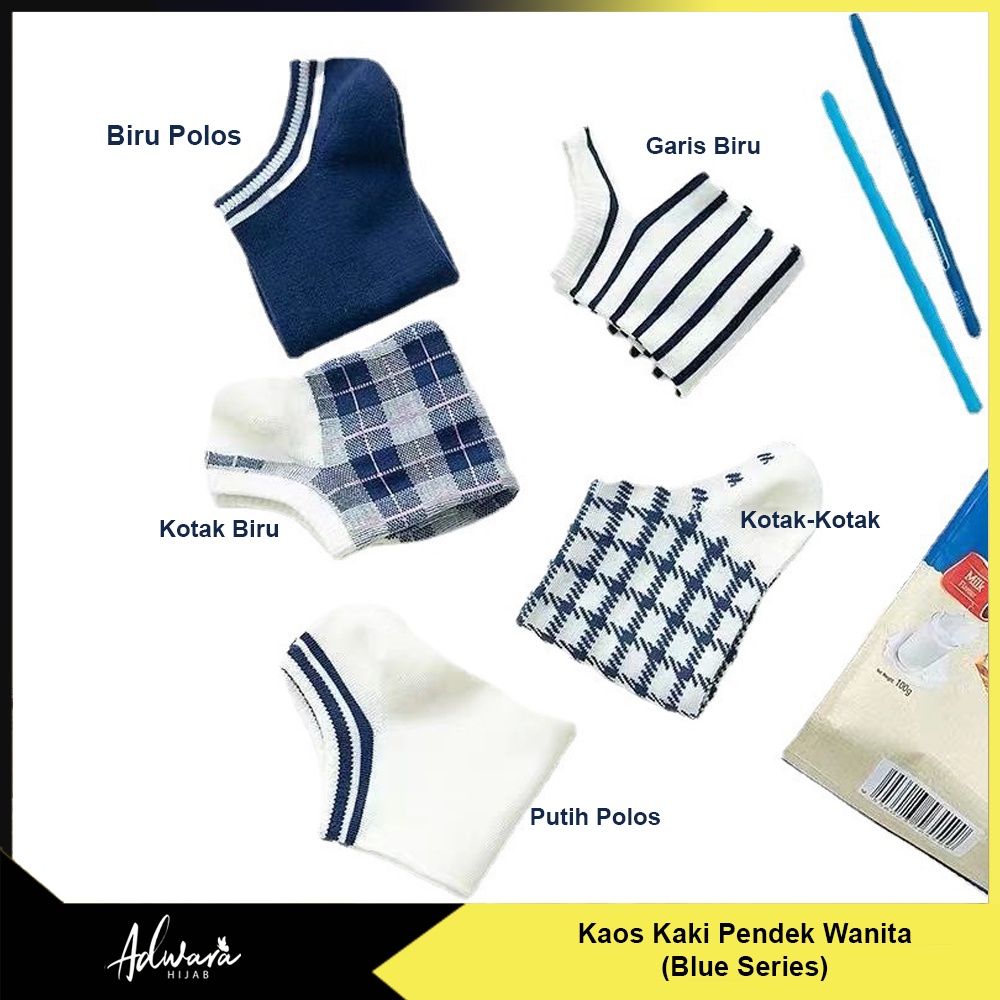 Kaos Kaki Pendek Wanita Semata Kaki Gaya Korea Motif Kotak Garis Biru Series (Sock Ankle Import)