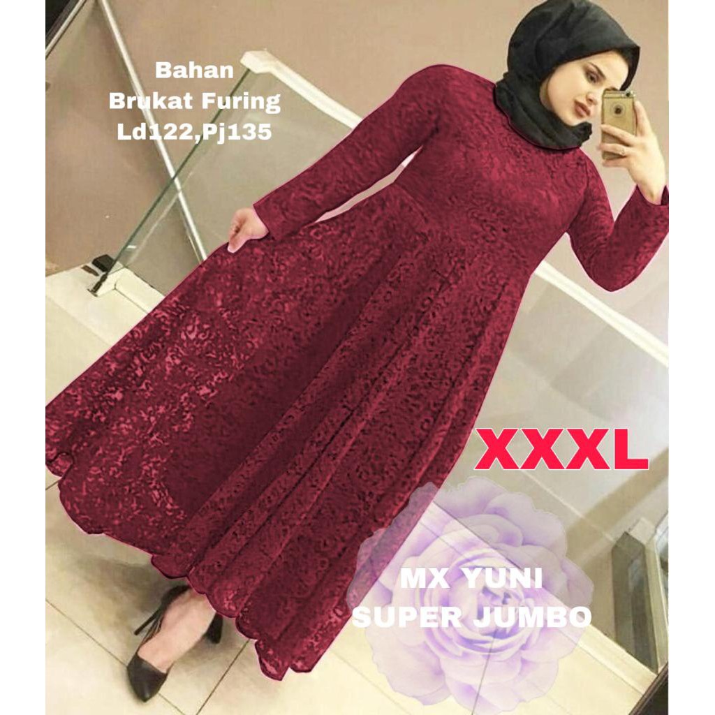 MX YUNI 3XL 4XL 5XL FULL BRUKAT ORIGINAL ASLI SUPER JUMBO /DRESS BRUKAT ASLI FULL / GAUN PESTA