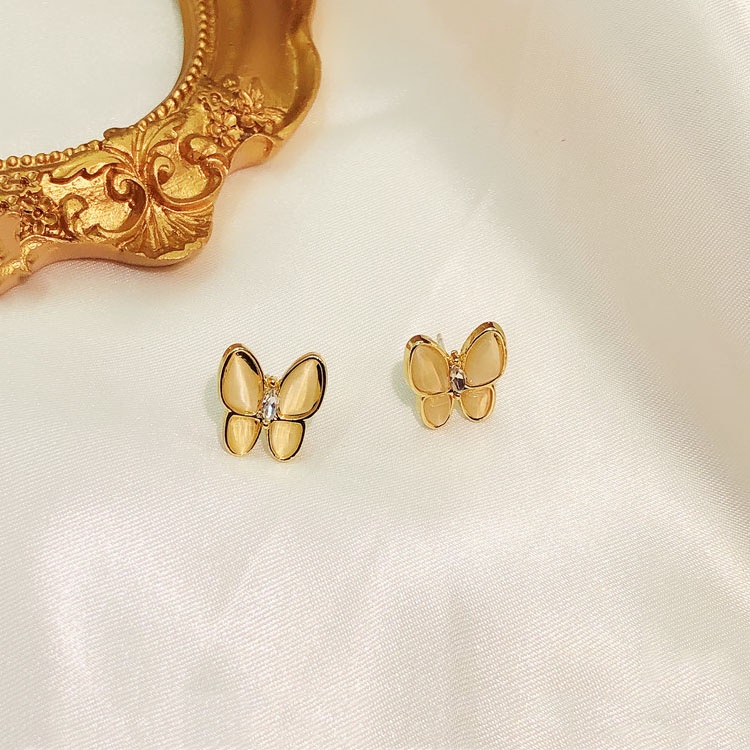 Shuling S925 silver needle Korean Style Opal Butterfly Earrings Fashion Cat's Eye Earrings Female Stud Earrings