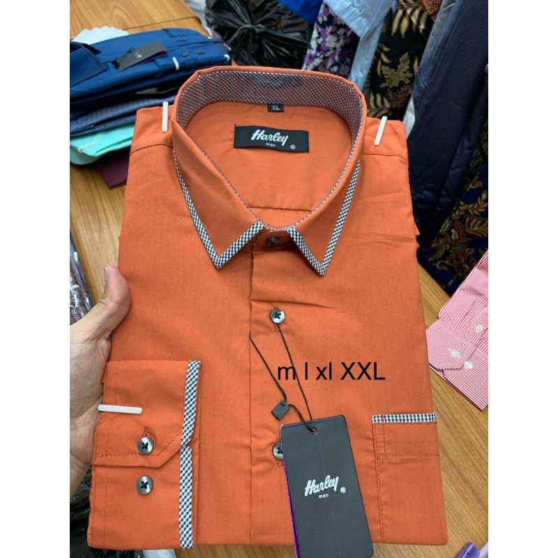 READY Kemeja Harley Panjang Bahan Polos Motif Lis di Leher 5 Warna