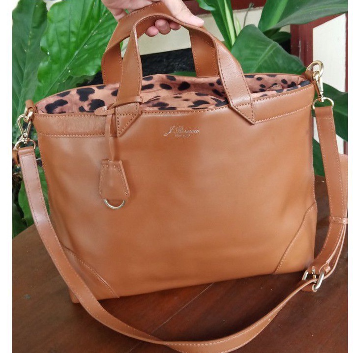 Preloved J Roseroco New York Tas Kulit Coklat motif leopard Wanita Tas kerja SLing bag Multifungsi