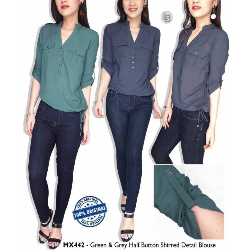 [BB] Mexx GreenNGrey Half Button Kemeja Kampus Kerja