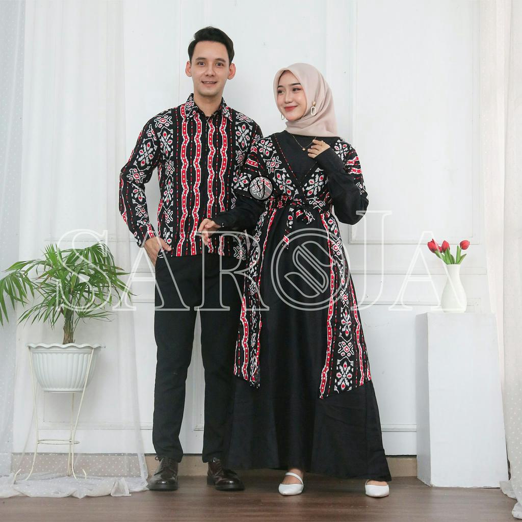 Saroja | Couple Keluarga Gamis Kombinasi motif Songket dua Merah terbaru