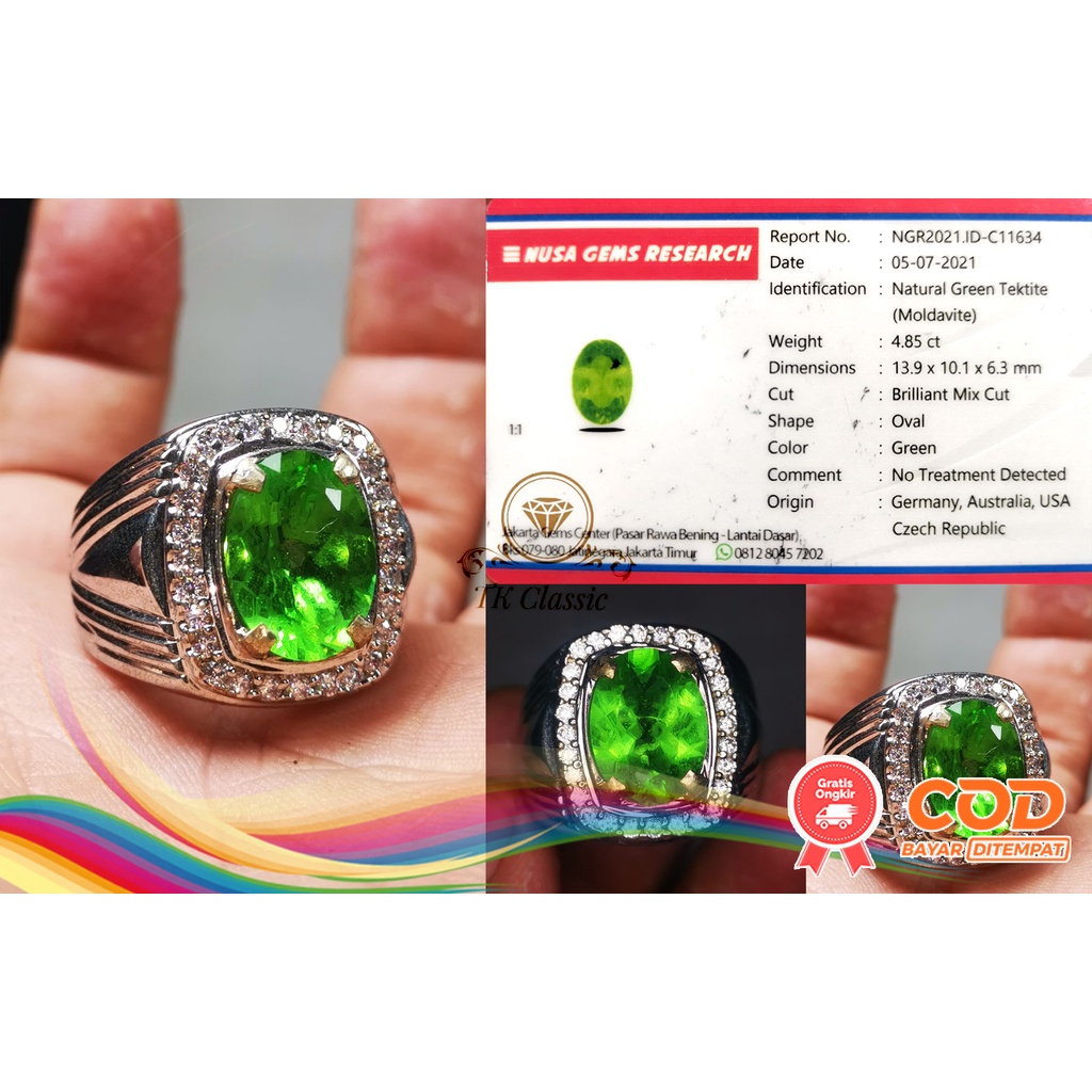 NATURAL BATU PERMATA GREEN TEKTITE METEOR CUSTOM SPIDER CUTTING INCLUDE MEMO NGR GEMS LAB STERLING P